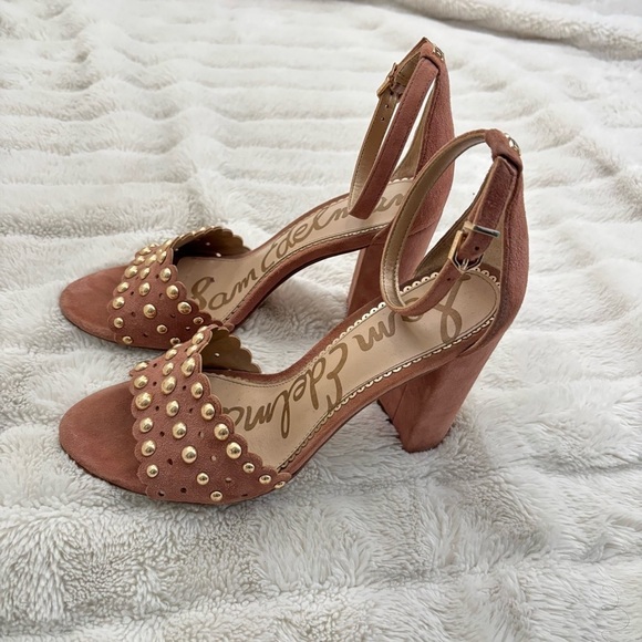 Sam Edelman Suede Leather Studded Open Toe Chunky Heels Size 8 - Picture 6 of 16
